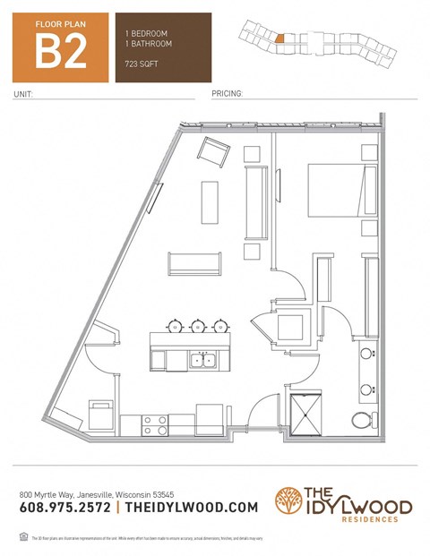 Floor plan for 1 bed, 1 bath, 723 sqft